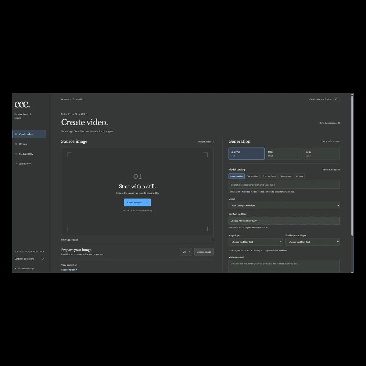 Creative Content Engine dashboard on its Create video screen