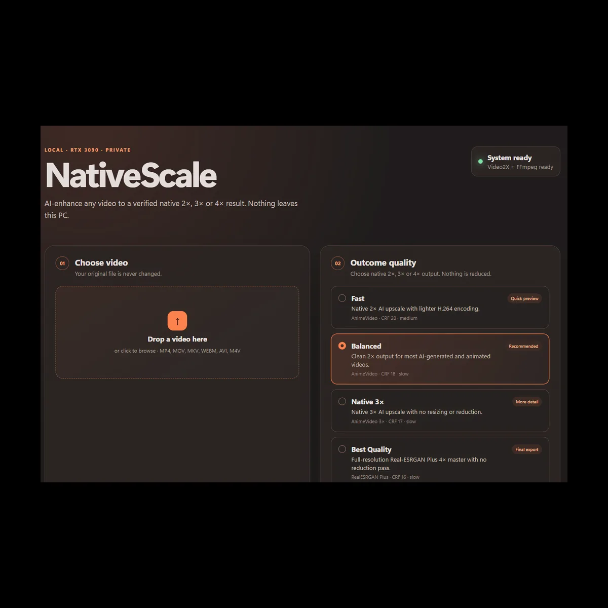 NativeScale desktop app for choosing a video and an upscale quality