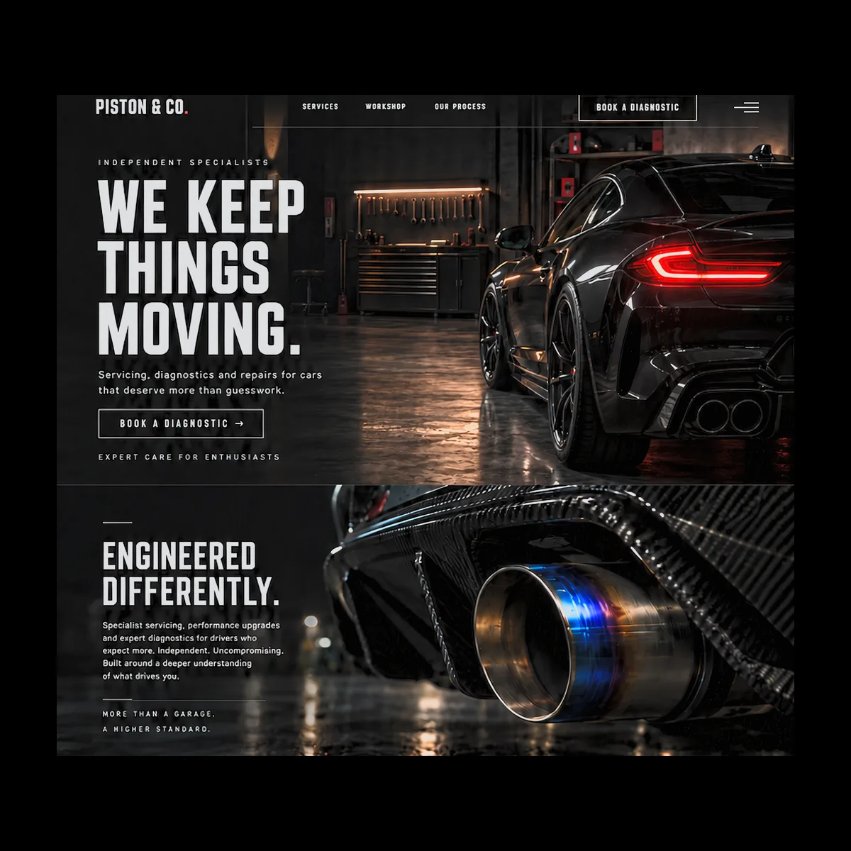 Piston and Co homepage concept with a dark garage hero, headline and booking button